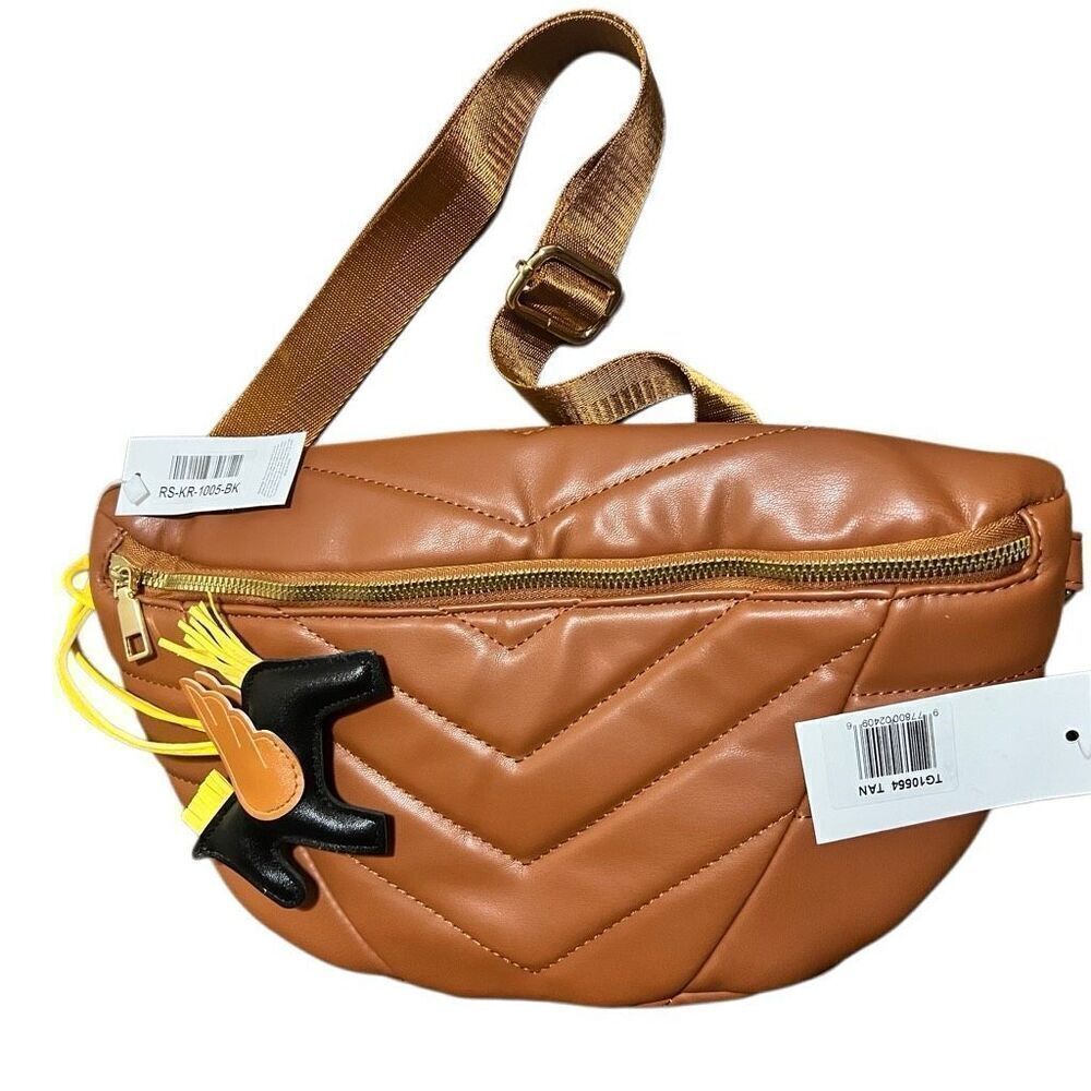 New XL Quilted Chevron Waist bag Fanny Pack Tan Zipper unisex vegan leather